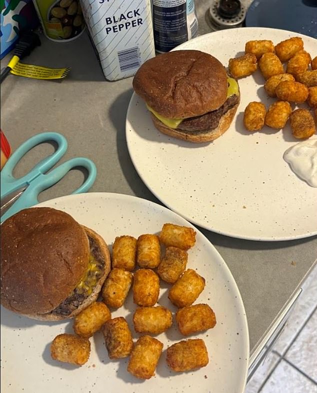 My fiancé's regular beef burger with cheddar on the left, and my Beyond burger with 