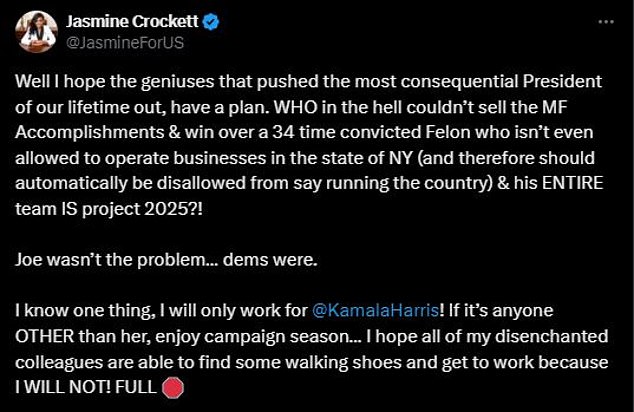 Texas Congresswoman Jasmine Crockett also seemed baffled by Biden's decision and those who wanted him out.