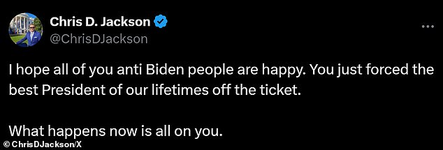 Chris D. Jackson, a Tennessee politician and vocal Biden defender on social media, lashed out at people who wanted the president to resign.