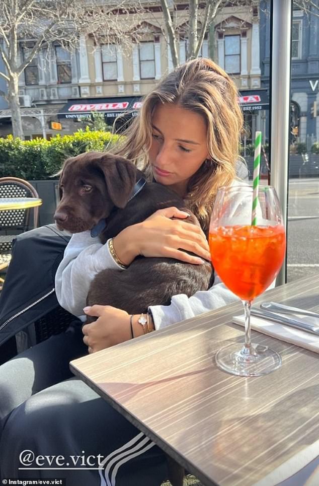 Eve shared a photo on her Instagram story of Ben looking into the distance while sitting in a cafe and holding a dog. The AFL player also posted a similar image of Eve cuddling the pup in the cafe on her social media.