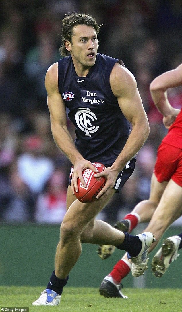 Koutoufides (pictured in action for Carlton during a 2005 clash against the Sydney Swans) was one of the country's biggest football stars in his prime.