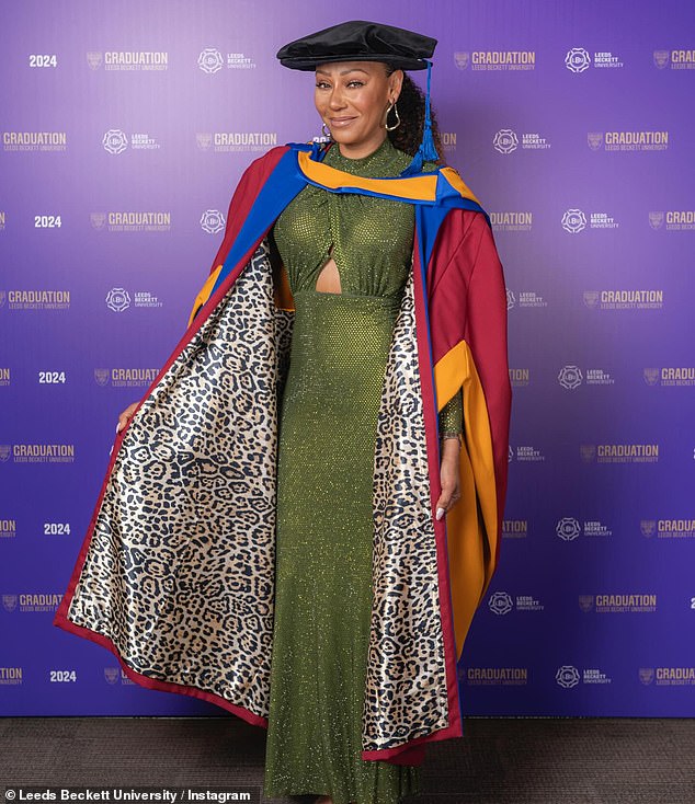 Mel B looked sensational in a custom-made leopard-print prom dress on Monday as she received an honorary doctorate from Leeds Beckett University.