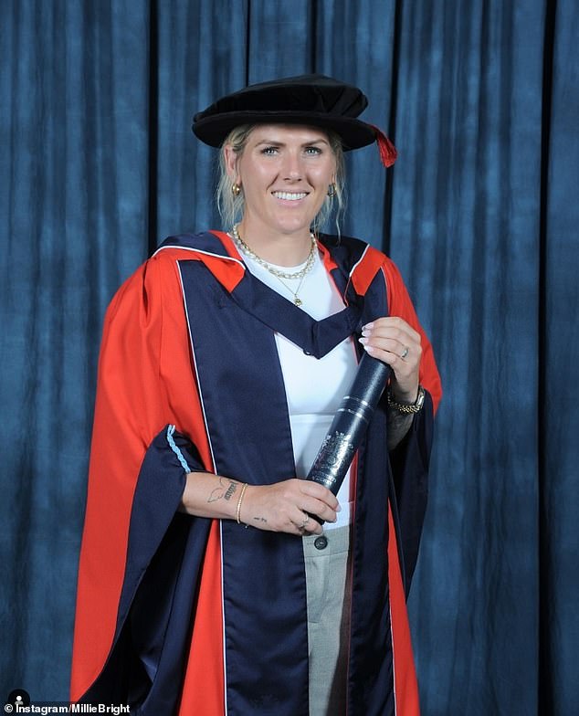 Fellow Lioness and Chelsea star Millie Bright also shared this photo of herself earning a degree from Derby University.