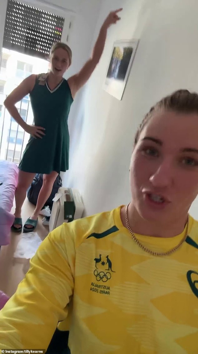 It's not all a success, with water polo players Kearns (foreground) and teammate Gabi Palm (background) poking fun at the tennis dress they received