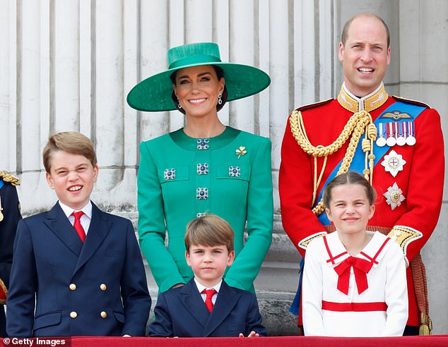 Prince George, Prince Louis, Princess of Wales, Princess Charlotte of Wales and Prince William are pictured at Trooping the Colour in 2023