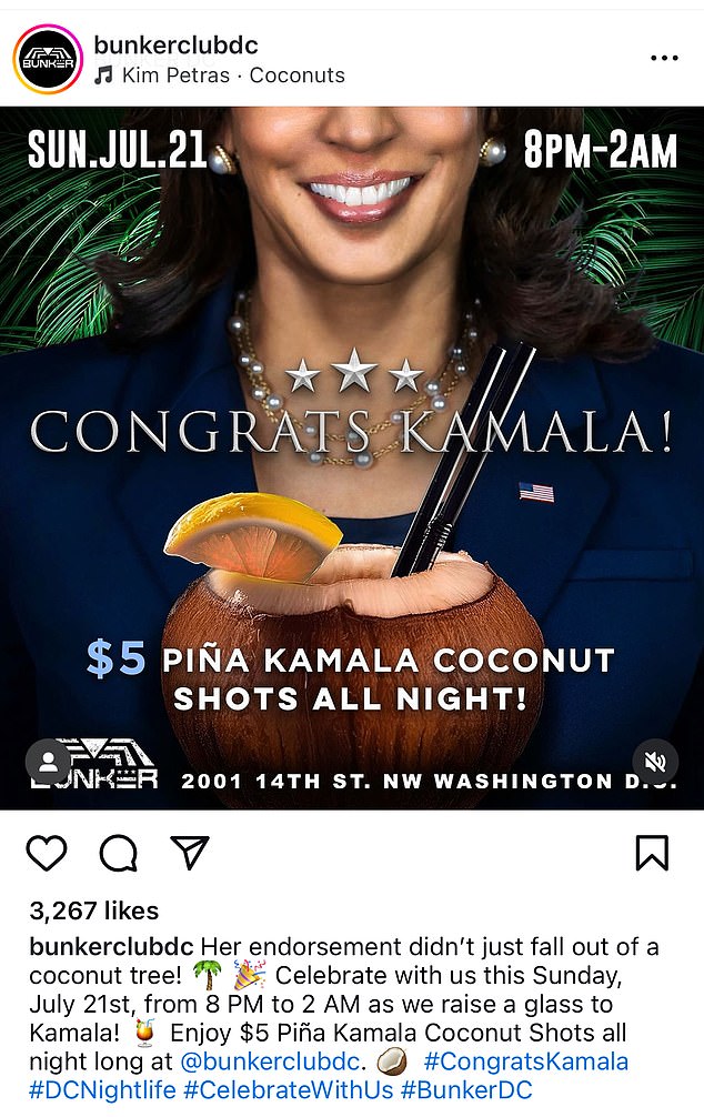 A Washington bar began offering $5 'Pina Kamala' coconut drinks all night after Joe Biden dropped out of the presidential race on Sunday.