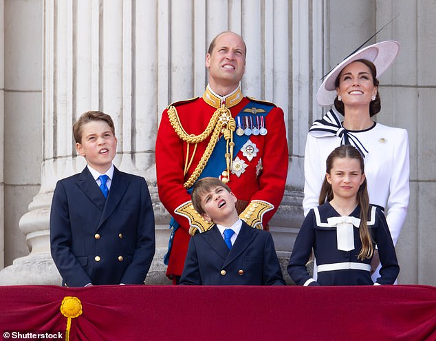 Prince George (far left) is photographed with his siblings Prince Louis and Princess Charlotte, alongside Prince William and Princess Kate for Trooping the Colour last month.