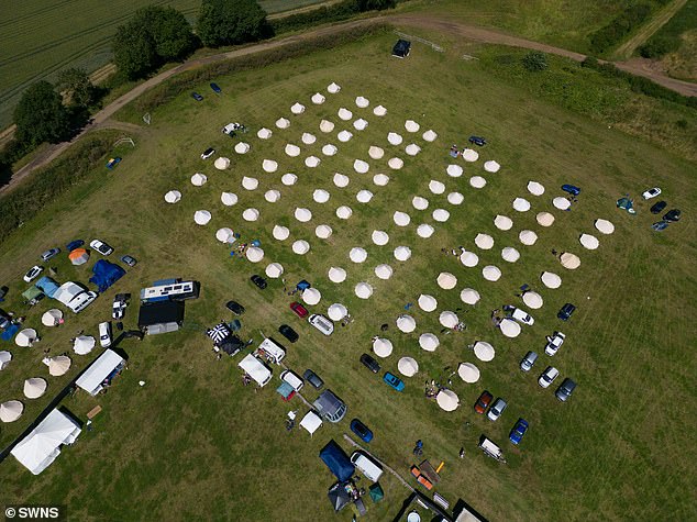 Pictured: Aerial view of tents set up in preparation for the X-Rated Swingathon, where you can do 