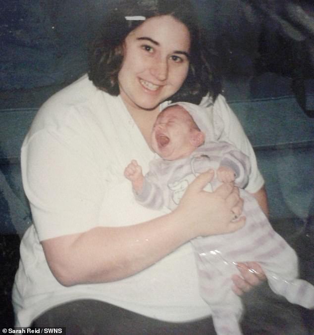 Laura weighed 190 stone before vowing to lose weight when she was pregnant with her son Damien (pictured: Sarah after giving birth to Damien in 2004)