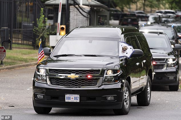 Vice President Kamala Harris departs her residence at the U.S. Naval Observatory in a motorcade on her way to the White House