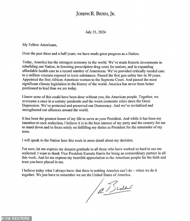 Biden made his announcement in a letter posted on social media on Sunday.