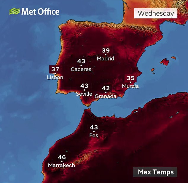 British families heading to Spain, Portugal and Morocco for summer holidays this week have been warned to prepare for a heatwave with temperatures reaching as high as 46C.