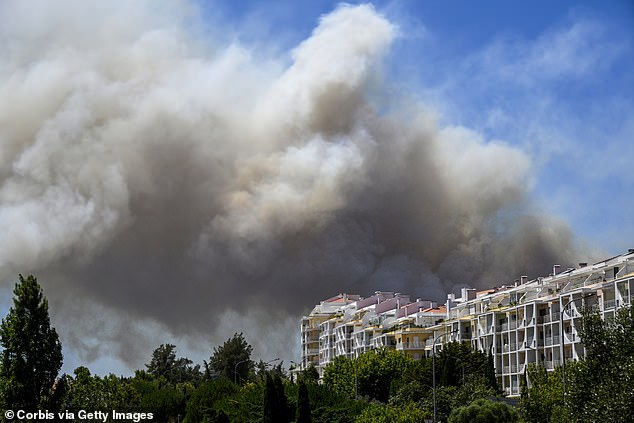 A large column of smoke rises above an apartment complex in Alcabideche, Portugal