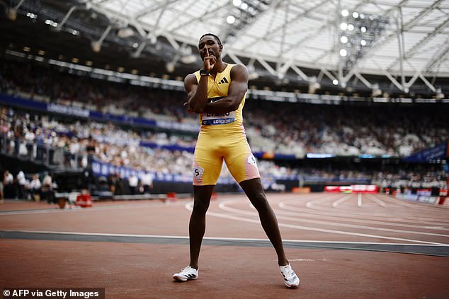 American Noah Lyles celebrates after winning the men's 100m event at the IAAF Diamond League meeting in London on July 20. He is hoping to take home gold at the Olympics.