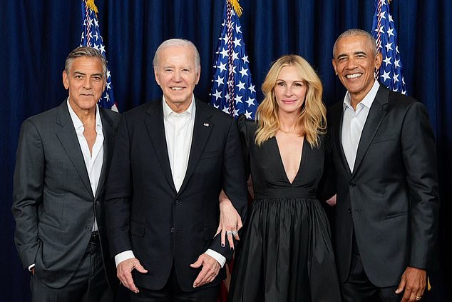 Clooney is pictured at his $28 million fundraiser in June with Biden, Julia Roberts and former President Barack Obama.