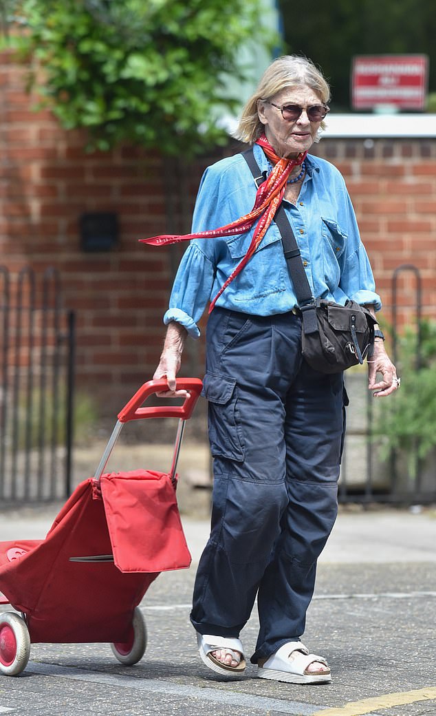 Julie rocked a modern look in navy cargo pants, paired with a denim shirt, a black bag and a pair of white sandals.