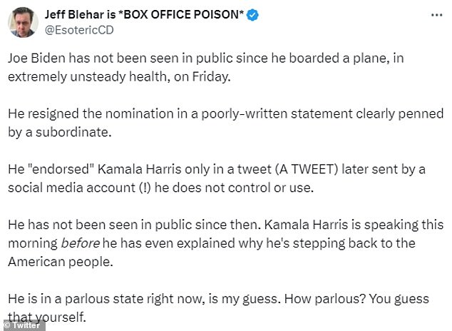 National Reviews writer and podcast host Jeff Blehar also shared his skepticism about the way Biden ended his campaign on Sunday.