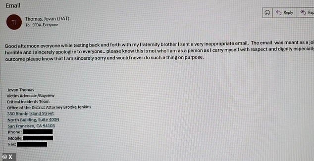 The staffer apologized profusely in a follow-up message seconds later, claiming it was an accidental text message even though it contained her official email signature.