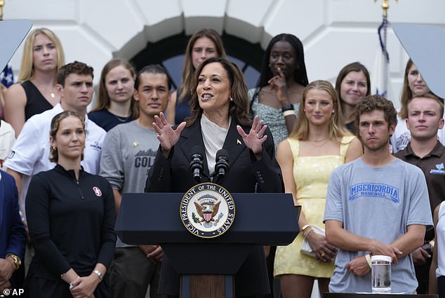 Vice President Kamala Harris appeared at the White House on Monday morning for an event with college athletes. She used the occasion to pay tribute to President Joe Biden