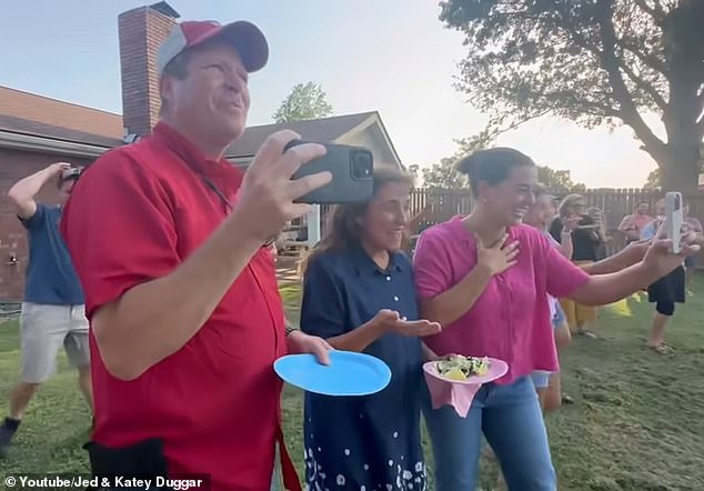 Patriarch Jim Bob and matriarch Michelle, 57, were on hand and began beaming with joy at the revelation that they would be having twin grandsons.