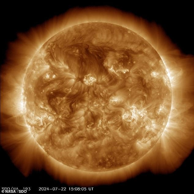 NOAA also warned that there is a 60 percent chance of additional mid-level or M-class solar flares in the next 24 hours, and a 15 percent chance of a more extreme X-class solar flare, which could cause radio blackouts around the world. Above, an image of the sun taken by the AIA on July 22.