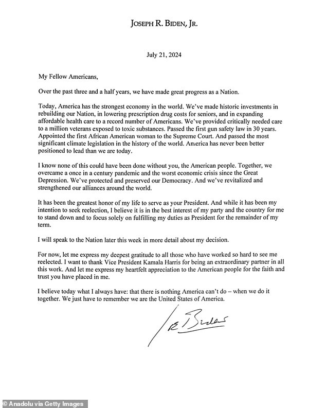 Biden announced his historic decision to step aside in a one-page letter to X where he pledged to complete his term, but he did not fully endorse Vice President Kamala Harris as his replacement until a follow-up social media post.