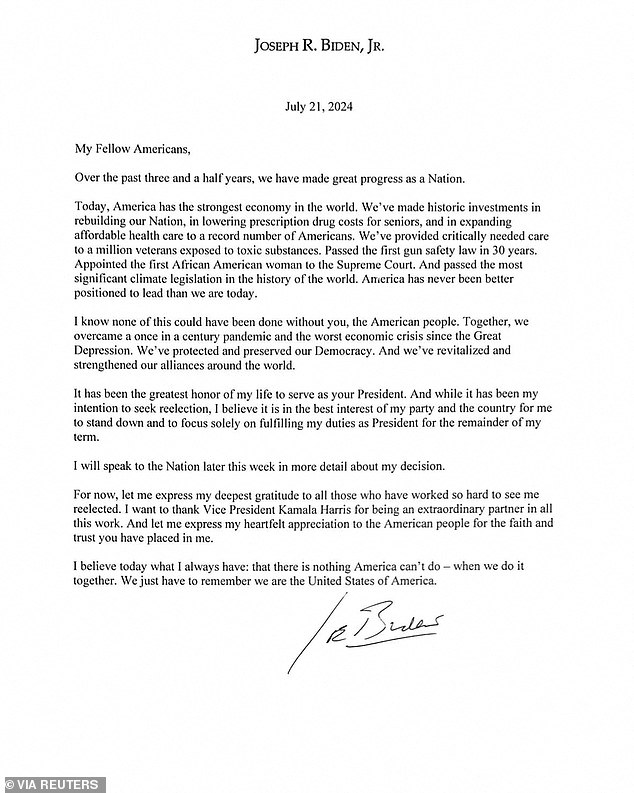 President Joe Biden shared the letter on social media on Sunday, which is how most of his White House staff and campaign learned of his decision to cancel his 2024 reelection bid.