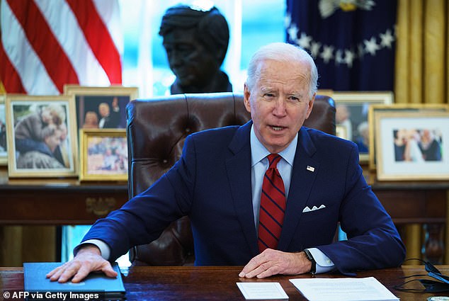 U.S. President Joe Biden speaks before signing executive orders on health care, in the Oval Office of the White House in Washington, DC, January 28, 2021.