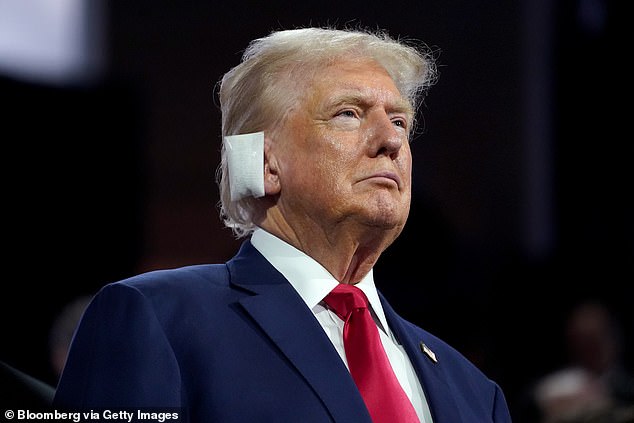 Former US President Donald Trump during the Republican National Convention (RNC) at the Fiserv Forum in Milwaukee, Wisconsin, U.S., Monday, July 15, 2024