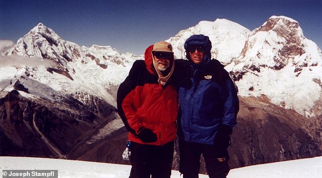 Stampfl (left) died with friends Matthew Richardson and Steve Erskine (right) when they attempted to ascend the 22,000-foot-high mountain in 2002. Erskine's body was found shortly after the avalanche, but Richardson's remains missing.