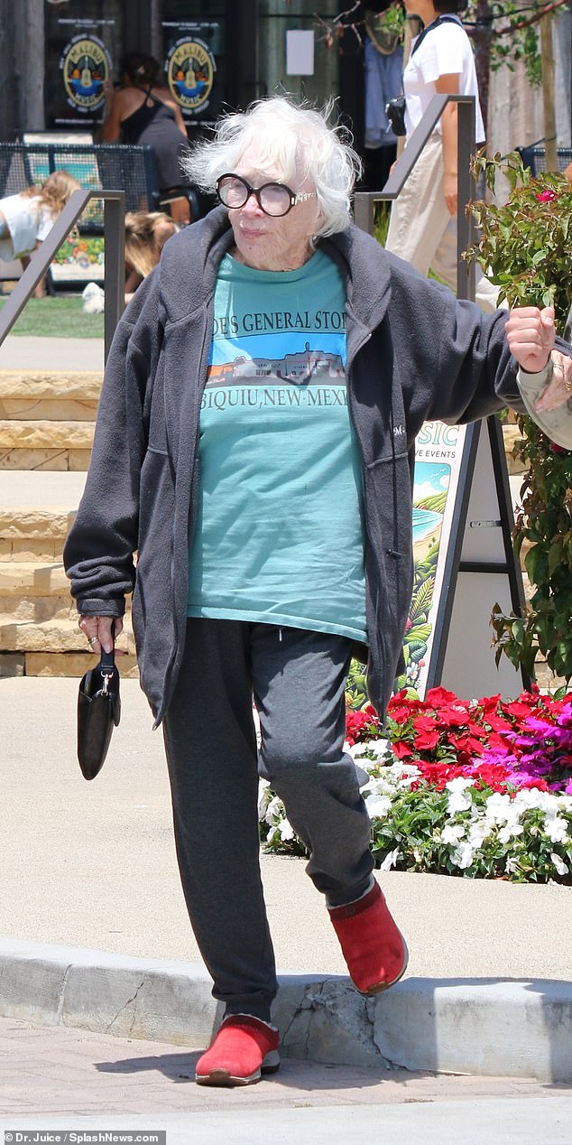 The Oscar-winning actress wore a gray zip-up hoodie over a light blue shirt with a graphic of a New Mexico general store.