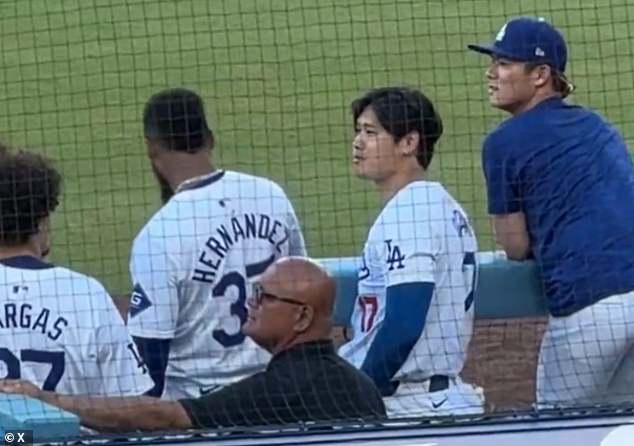 Shohei Ohtani and Teoscar Hernandez watch a fan fight from the Dodgers dugout on Sunday