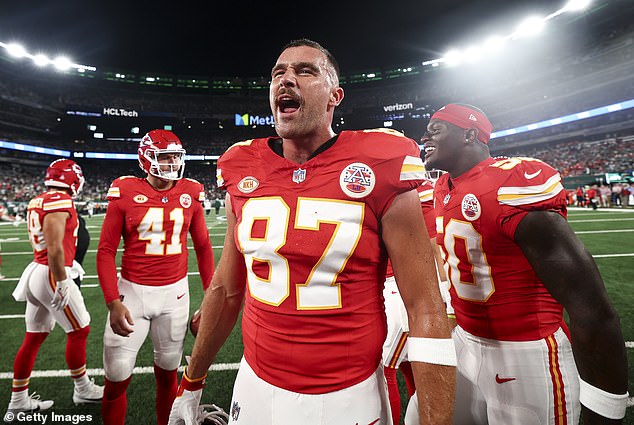 Swift has been dating Chiefs star Travis Kelce, 34, since late 2023; Kelce was spotted at MetLife Stadium on October 1, 2023 in East Rutherford, New Jersey