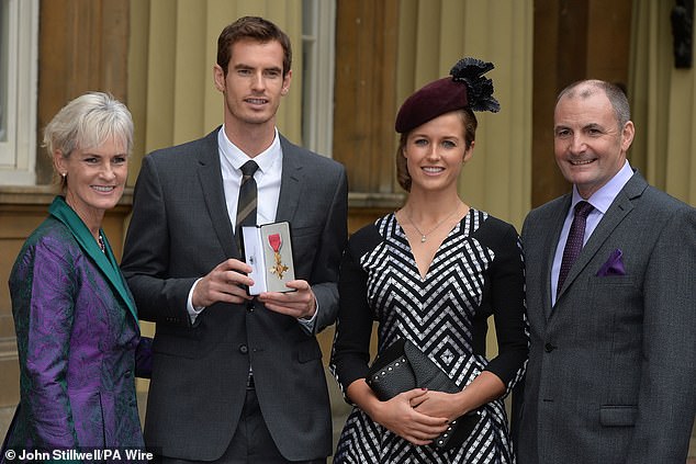 Murray, pictured with his mother Jude, wife Kim and father Will (l-r), was awarded his OBE in 2013.