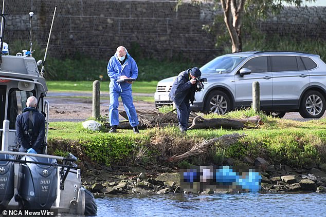 The widow's body was found in the Maribyrnong River at Flemington. Pictured here are police at the scene.