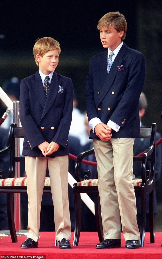 Prince Harry and Prince William imitated each other in matching outfits at the 50th anniversary celebrations of Victory over Japan Day in London, 1995