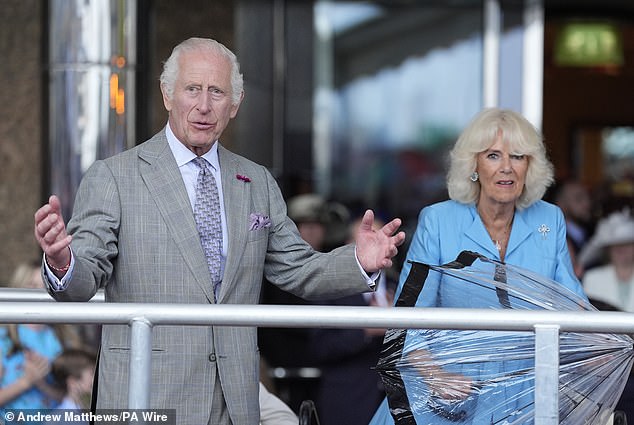 A gift from the grandchildren? During his trip to the Channel Islands last week, King Charles was also seen wearing a handmade bracelet on his right wrist (pictured left)