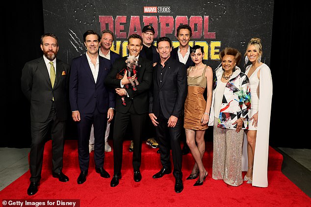 Matthew Macfadyen, Rob Delaney, Marvel Studios Co-President Louis D'Esposito, Ryan Reynolds, Peggy the Dog, Marvel Studios President Kevin Feige, Hugh Jackman, Shawn Levy, Emma Corrin, Leslie Uggams and Wendy Jacobson