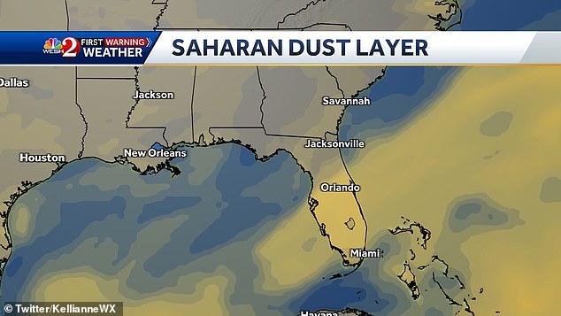 Thunderstorms are forecast in the Sunshine State on Saturday and Sunday, combining with the dust particles to leave a film on anything the droplets touch.