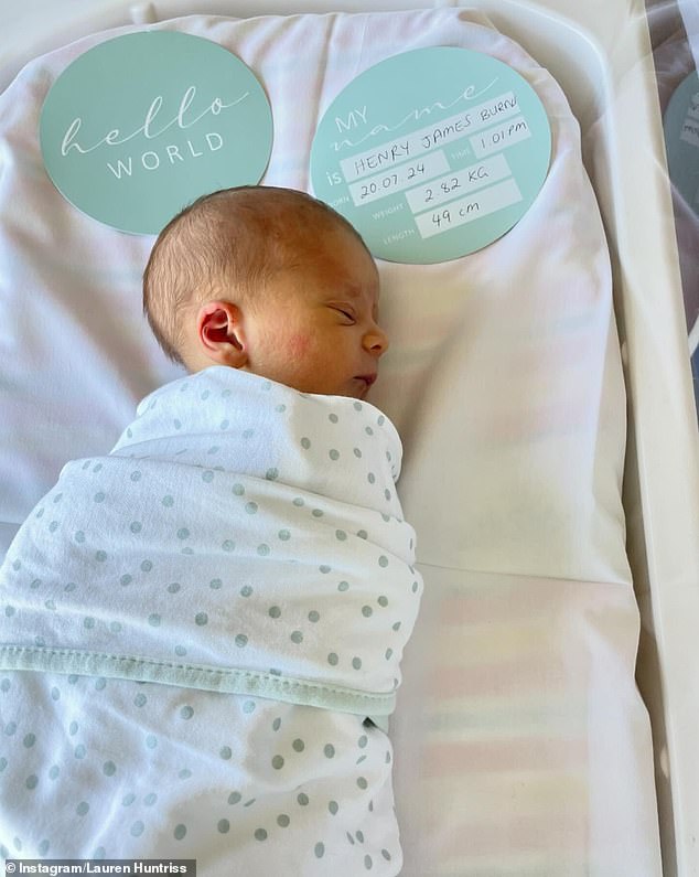 The 36-year-old former reality star posted a series of photos in a joint Instagram post on Tuesday. In one photo, the little boy is shown swaddled and sleeping, with his name 'Henry James Burns' revealed on a plaque.