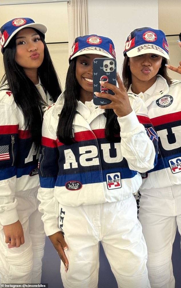 She later showed off Team USA's Ralph Lauren apparel with Sunisa Less (left) and Jordan Chiles.