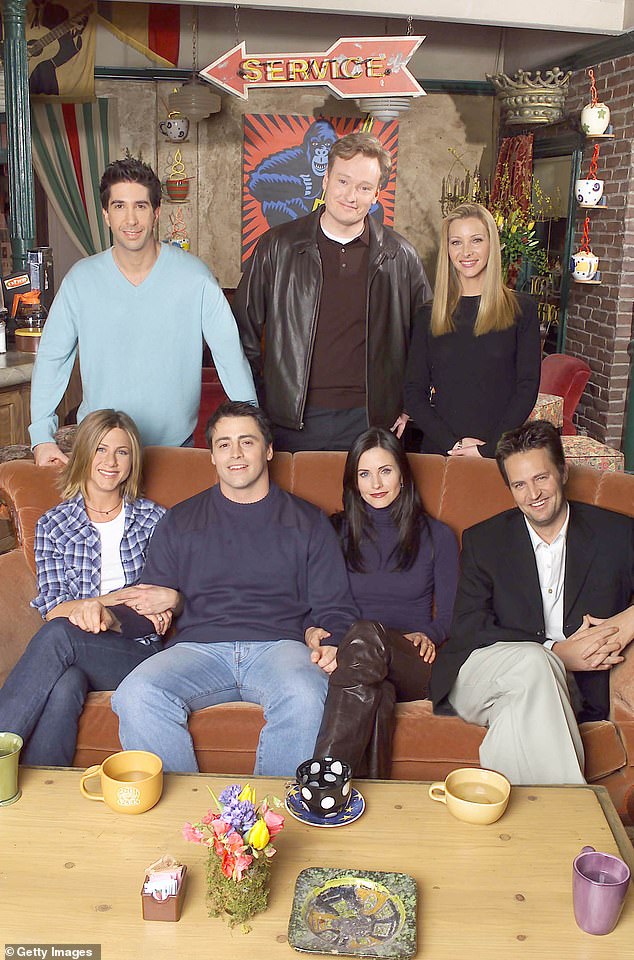 Conan on set with the cast of Friends, including his ex-girlfriend, Lisa, in 2001