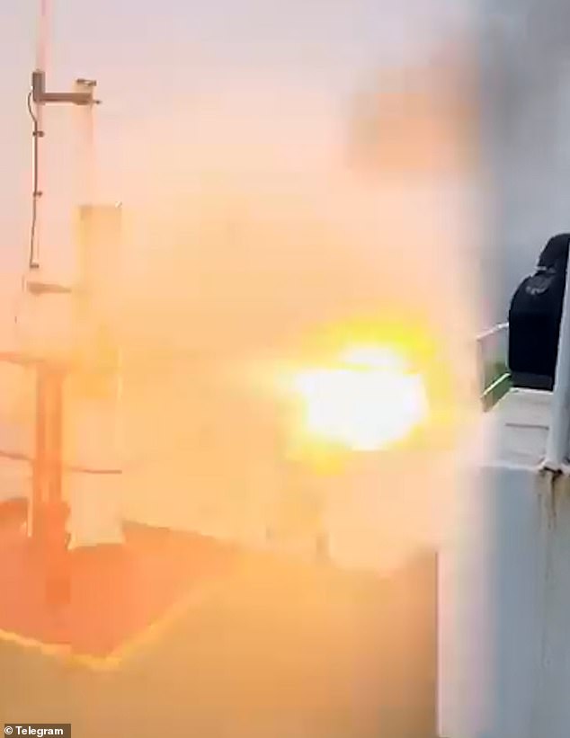 The unmanned vessel burst into an orange fire and is believed to have been unmanned and packed with explosives.