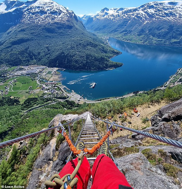 The 120-step staircase, called 'Stigull', is 40 metres long (131 feet) and overlooks the village of Loen and a stunning fjord.