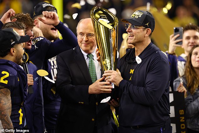 Head coach Jim Harbaugh left Ann Arbor to coach the Los Angeles Chargers after the win.