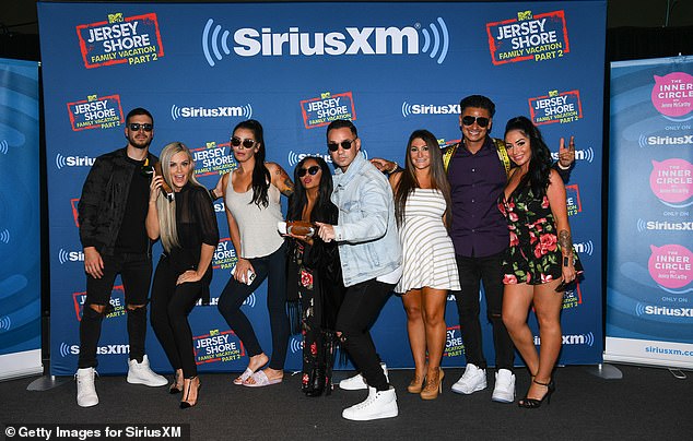 Pivarnick starred in the MTV hit Jersey Shore and is currently starring in the revival of Jersey Shore: Family Vacation; she is pictured with her co-stars in 2018.