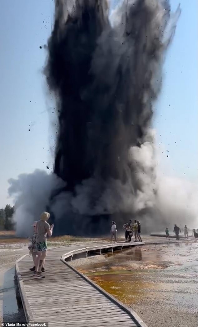 Biscuit Basin, located just north of Old Faithful, erupted around 10 a.m. MST, sending a massive column of superheated water and debris shooting into the sky.