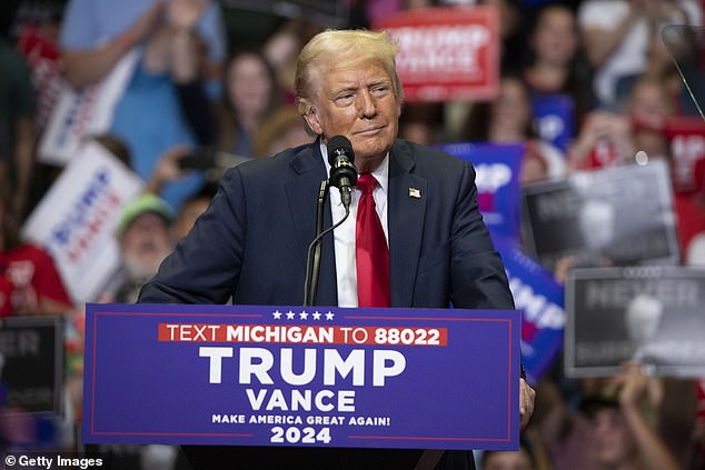 Former President Donald J. Trump at his first public rally in Michigan since being shot in the ear during an assassination attempt