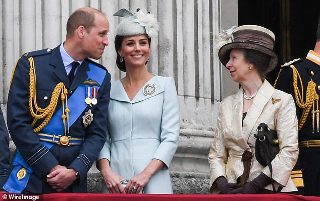 Prince William and Kate Middleton are said to have a close relationship with Princess Anne. Above: The couple with Anne on the balcony of Buckingham Palace to watch a Royal Air Force centenary flypast, July 10, 2018