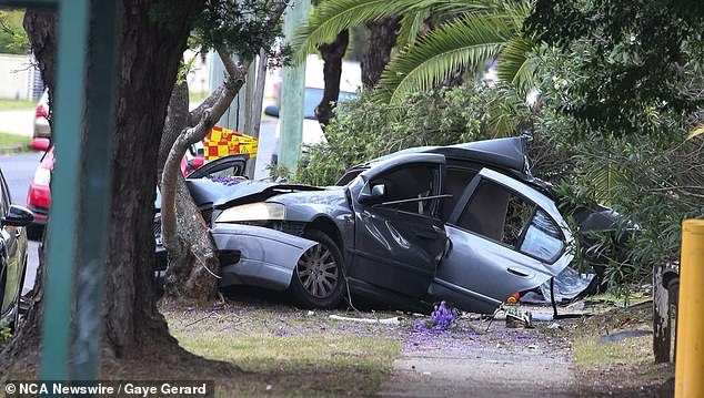 The powerful impact also injured a 23-year-old passenger, which police say was caused by Nicholas Thew's careless and dangerous driving (pictured, wreckage of car).